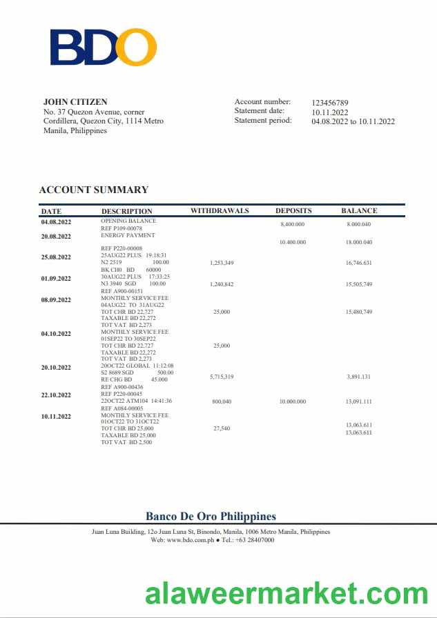 Philippines BDO bank statement